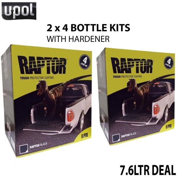 2 X U-POL RAPTOR BED LINER UPOL 3.8 KIT BLACK 7.6LTR DEAL INCLUDES HARDENER
