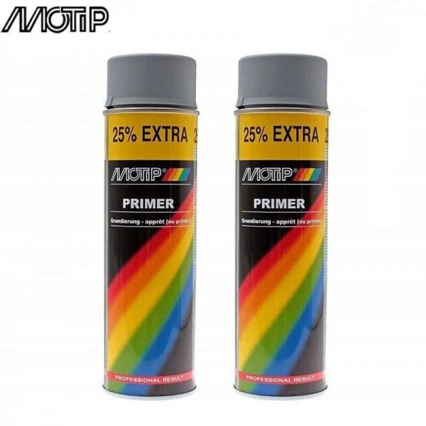 2 x Motip Acrylic White Primer Aerosol Car Spray Paint Metal Glass Wood 500ml